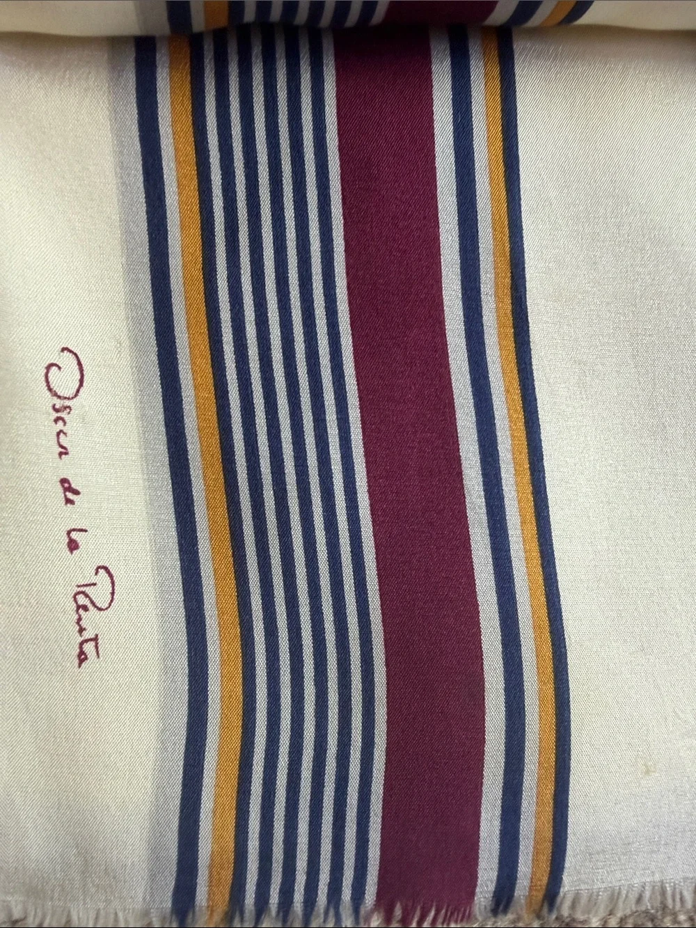 VTG Silk w/Wool lining Striped Opera Double-face Scarf Cream & Burgundy 1970s